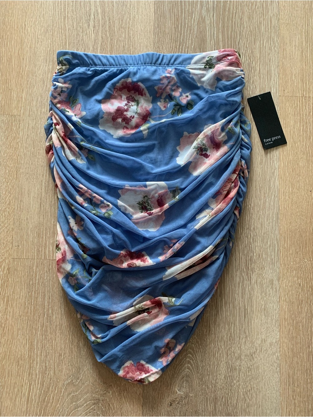 free press Blue Floral Ruched Midi Skirt Size S